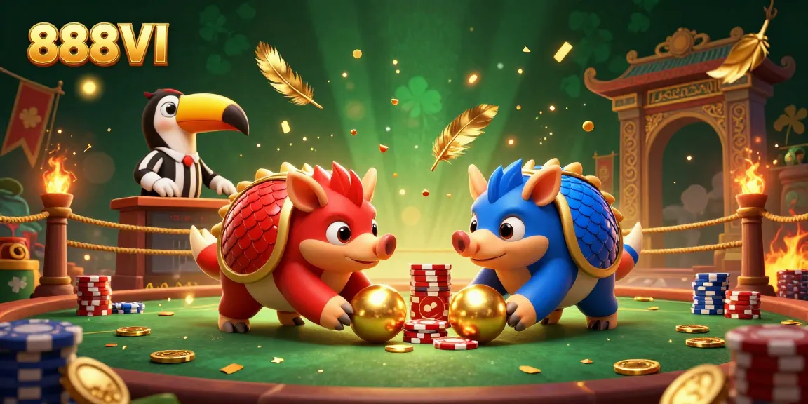 Engage in thrilling gameplay with 888VI featuring rival pangolins in a vibrant casino setting.