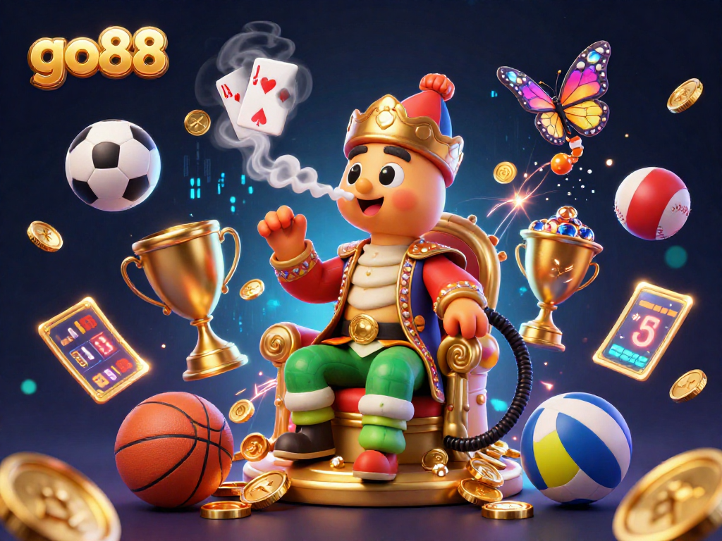 Win big with go88 in this vibrant 3D casino scene featuring a hookah-master and sports elements.