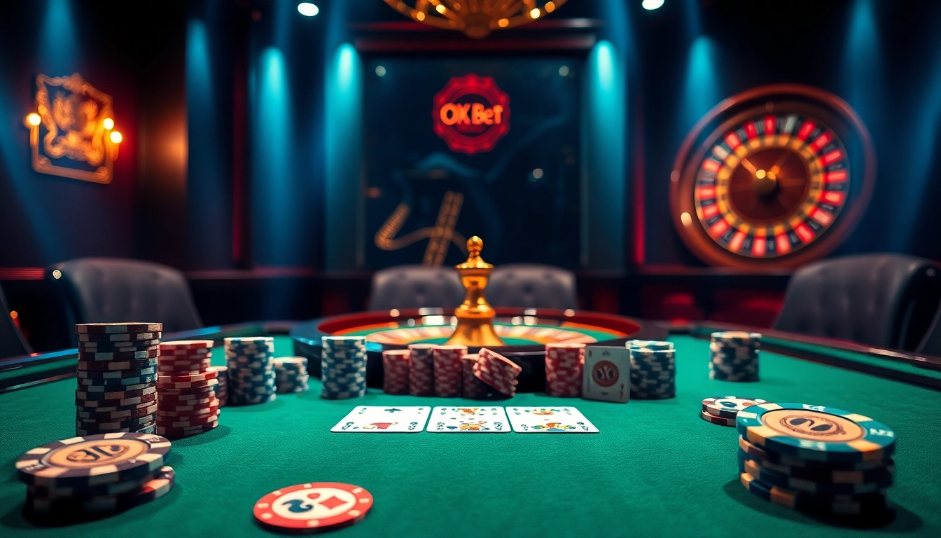 Experience thrilling poker at OX Bet, featuring luxurious chips, cards, and a roulette wheel.