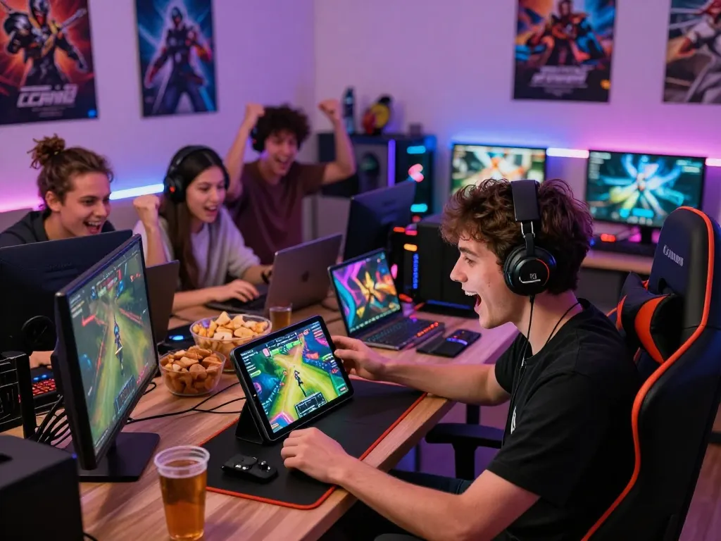 Engaged players enjoying rikvip on various devices in a vibrant home gaming setup.