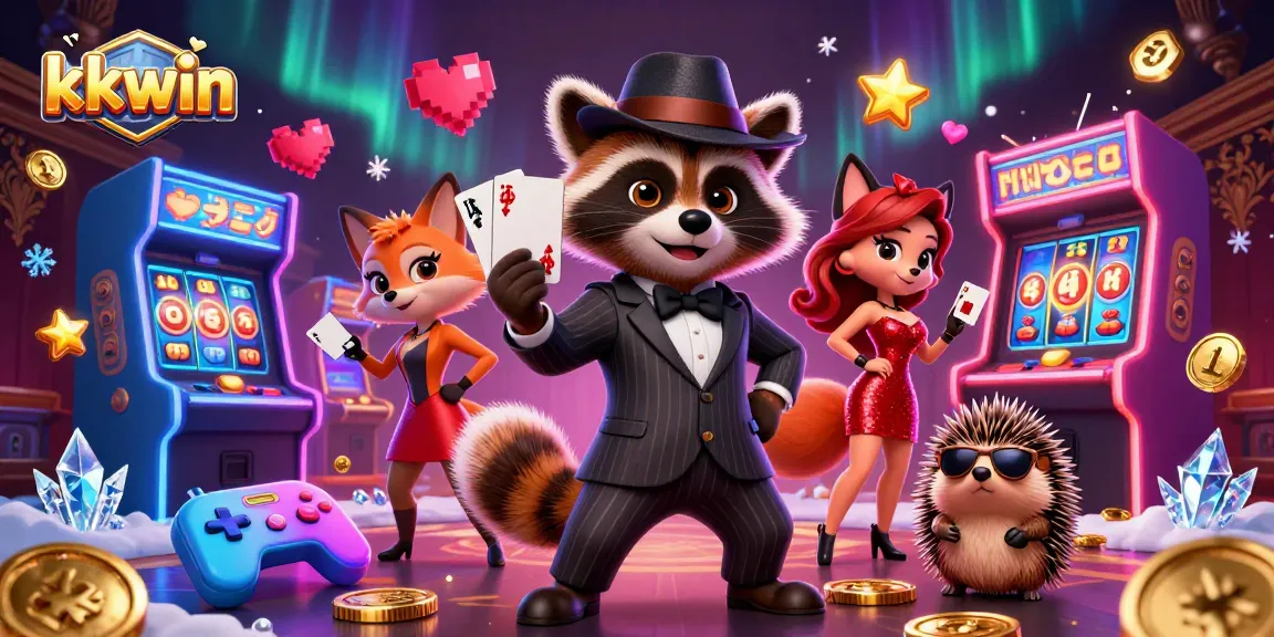 Experience kkwin with a raccoon in a suit holding a royal flush, amidst colorful casino elements.