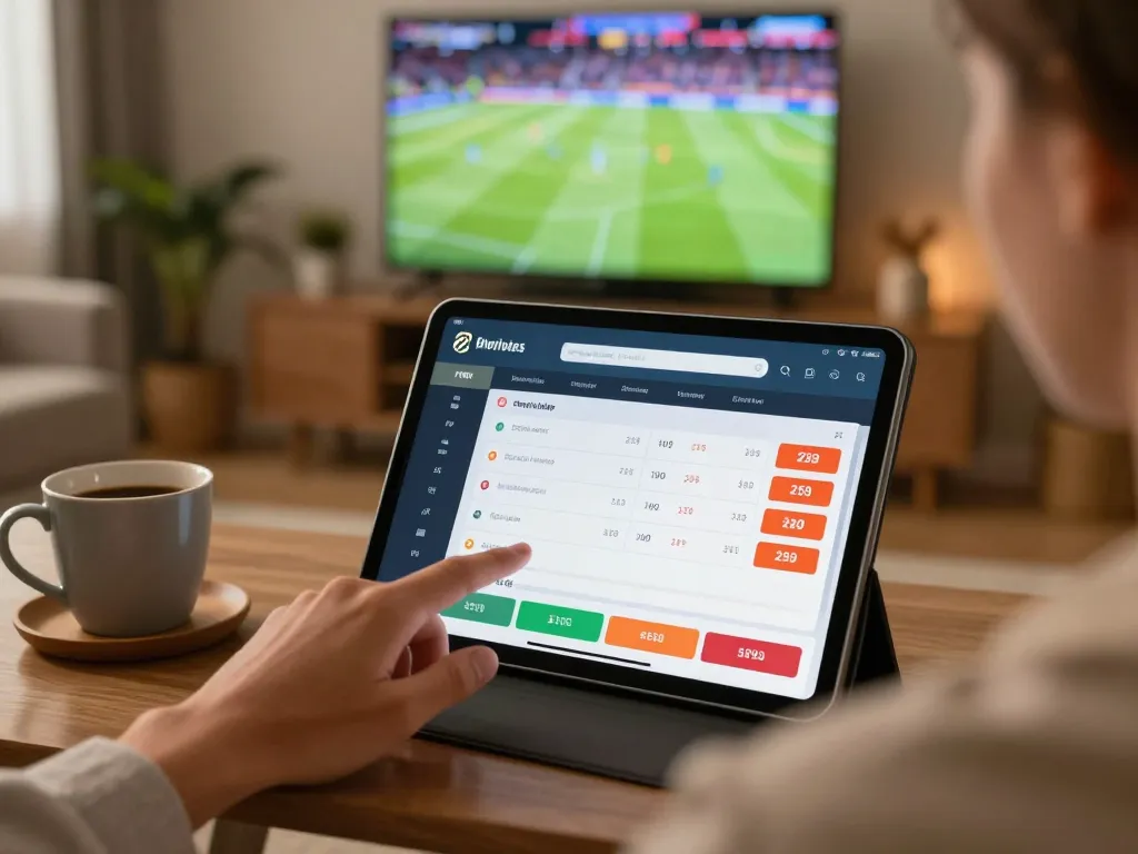 SHBET interface shown on tablet during live sports betting with cozy home setup and warm lighting.