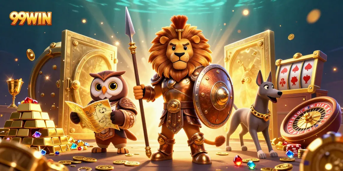 99WIN illustrates a Spartan lion and owl strategizing amidst casino treasures.
