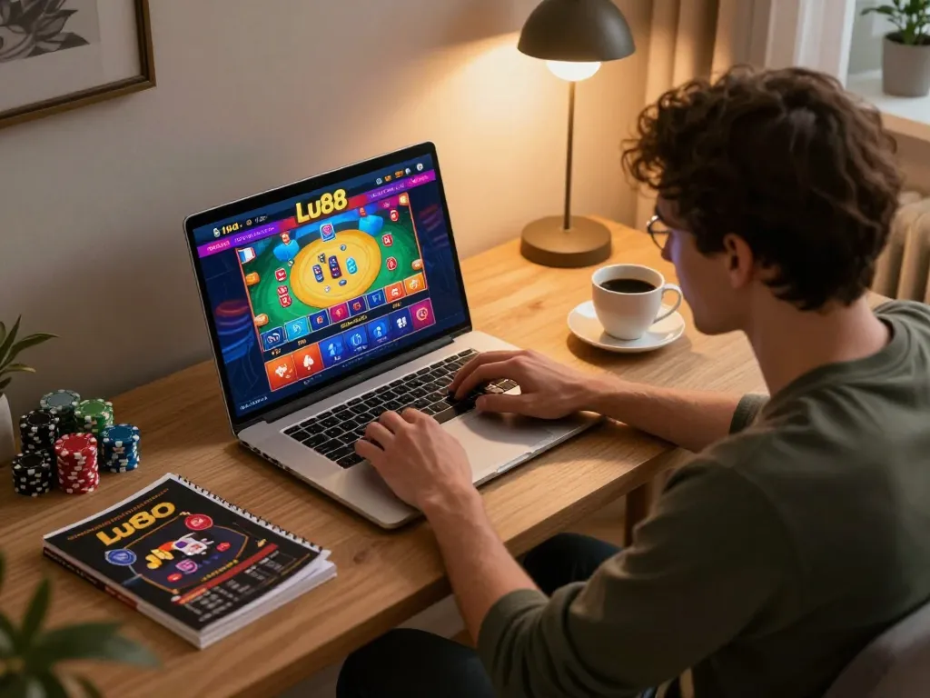 Person engaging in online gaming with Lu88 platform at home while analyzing strategies and enjoying a cozy setting.