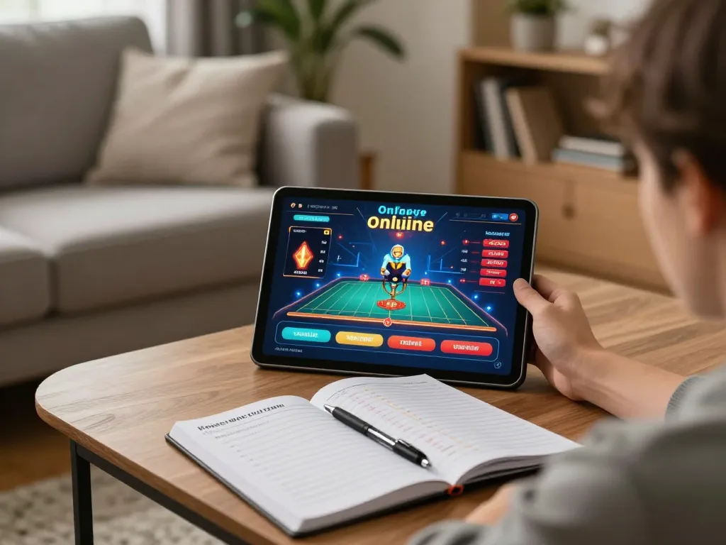 E2bet player enjoying online casino game on tablet in cozy living room setting