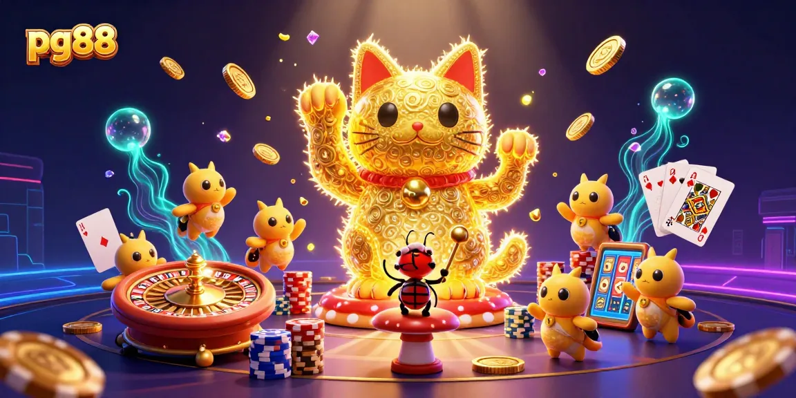 Experience the excitement with pg88, featuring a lucky cat and dazzling casino elements.