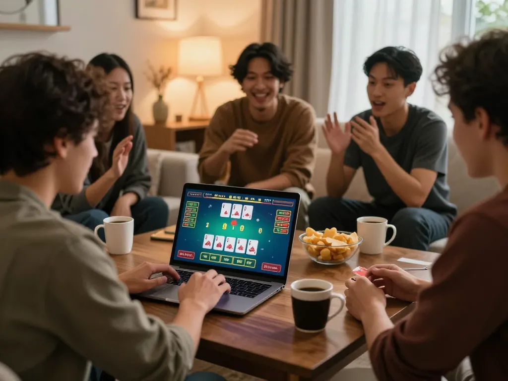 Players engaging in online blackjack game at home, showcasing XX88 gaming environment