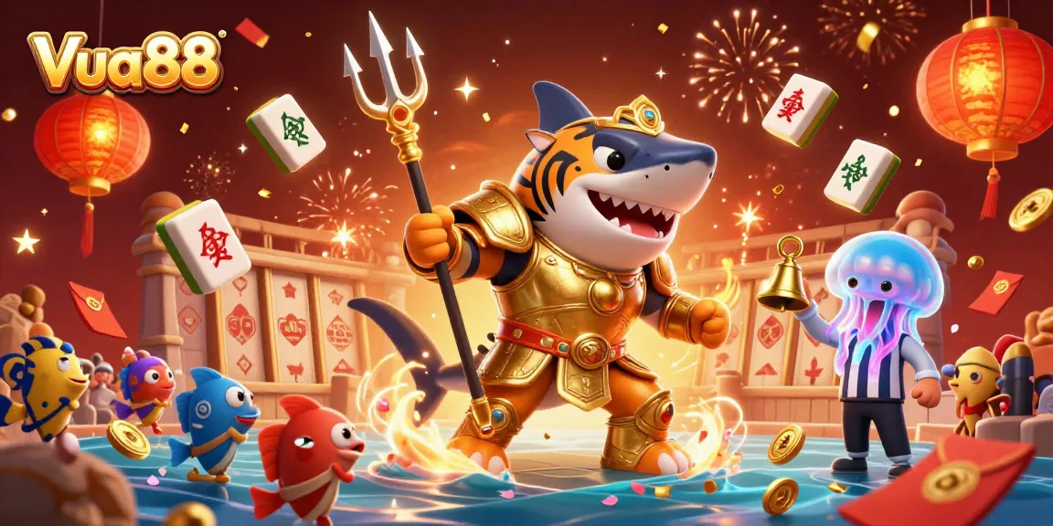 Experience the thrill of Vua88 as a cartoon tiger shark leads a dynamic underwater casino battle!