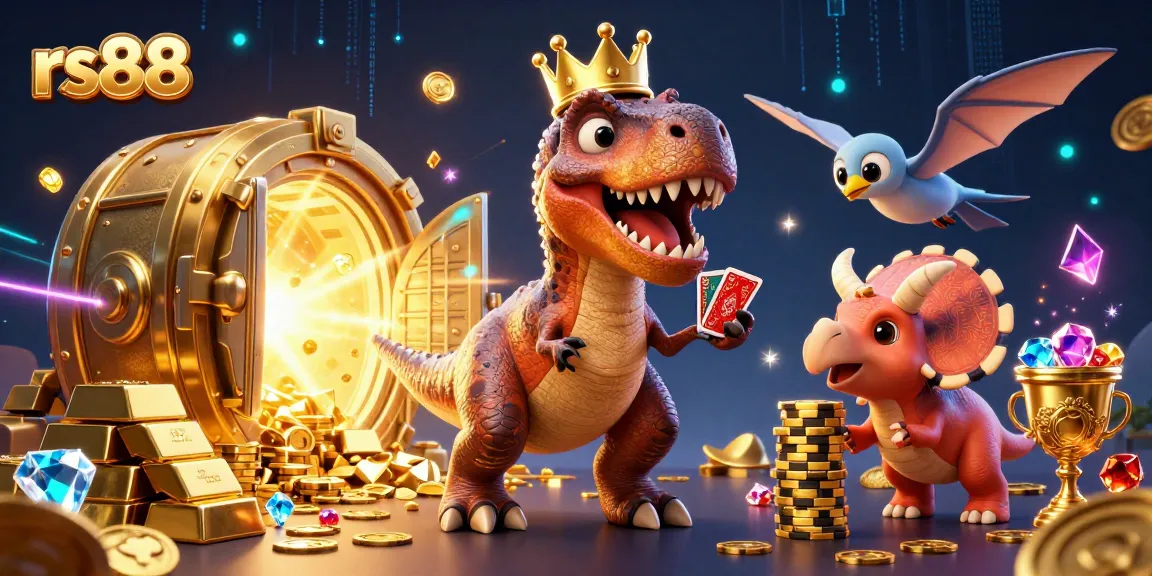 Experience exciting gameplay with RS88 as a T-Rex shuffles cards surrounded by treasures and vibrant casino elements.