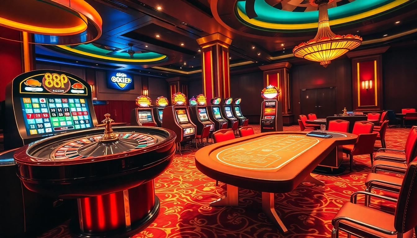 Experience the thrill of gambling at 888P with a vibrant casino scene featuring roulette and slot machines.