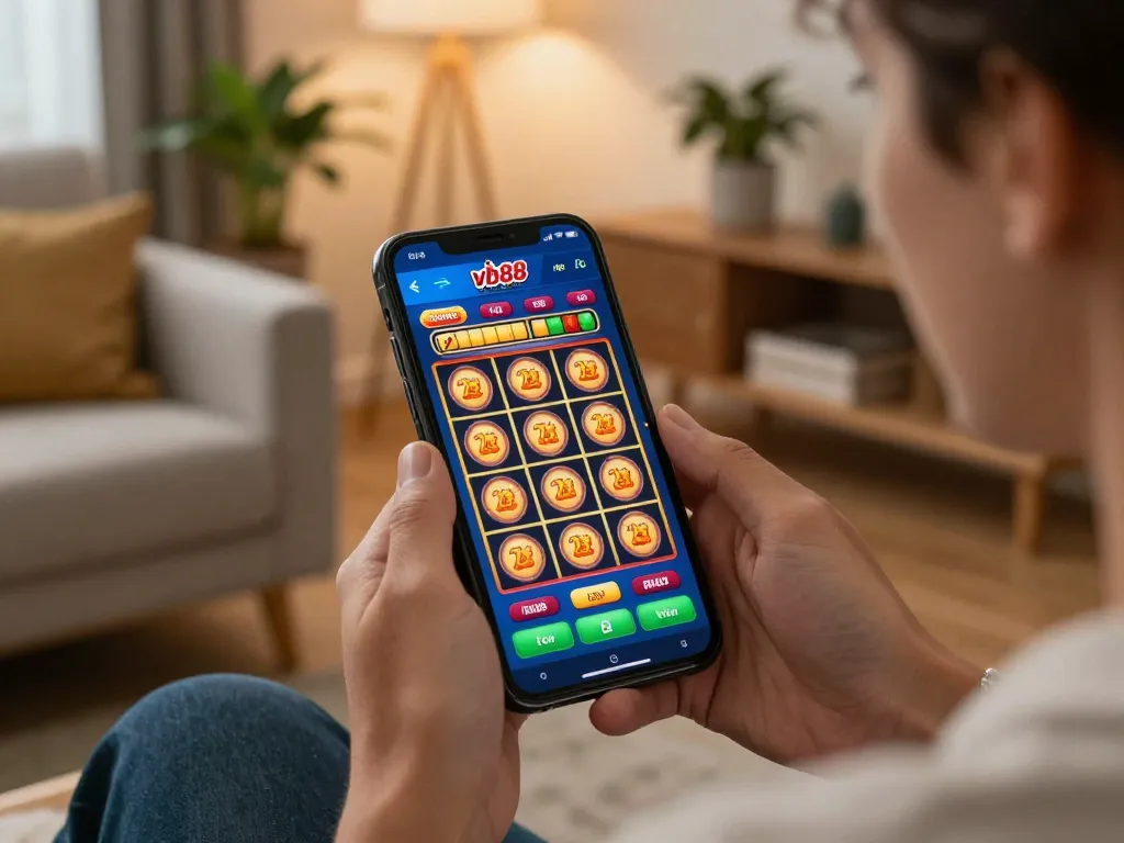 Engaging in responsible gameplay with vb88 mobile casino app displayed on smartphone in cozy living environment