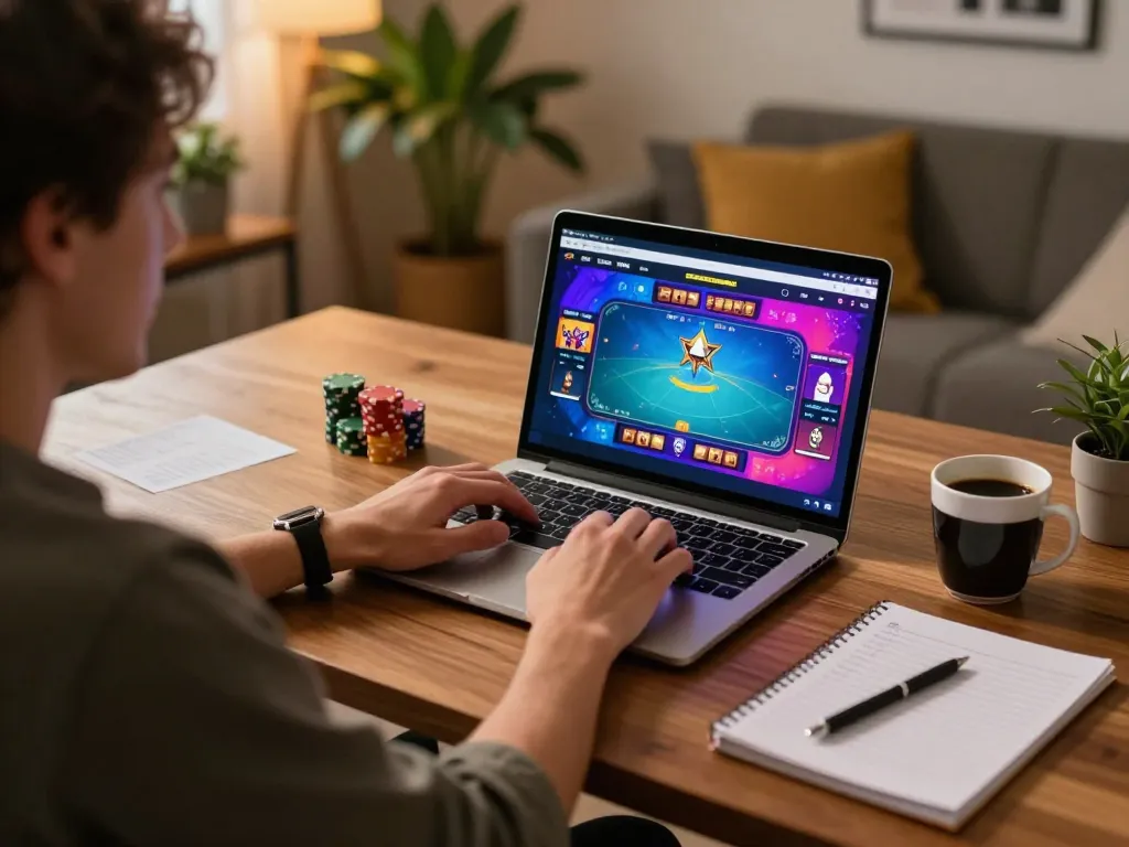 Engaging online poker session on keonhacai5 with laptop, coffee, and strategy notes.