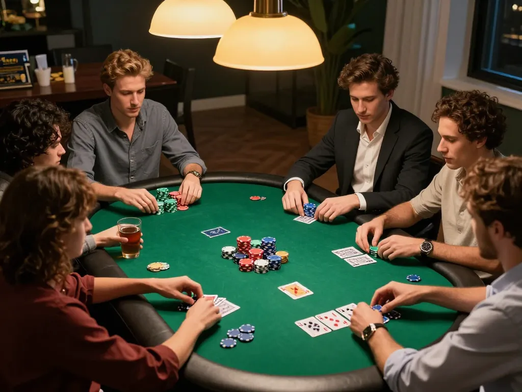 GO88 poker night scene with friends enjoying a social atmosphere and strategic gameplay around a table.