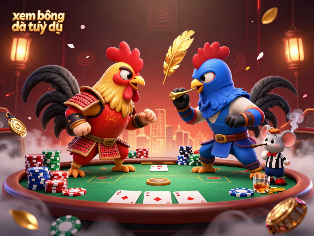 xem bóng đá trực tiếp is featured in a vivid 3D showdown between roosters, enhanced by dynamic casino elements.
