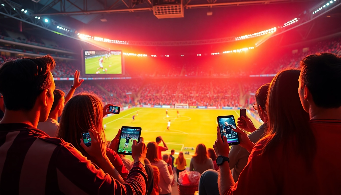 Socolive viewers enjoying a live football match on multiple devices in an energetic atmosphere.