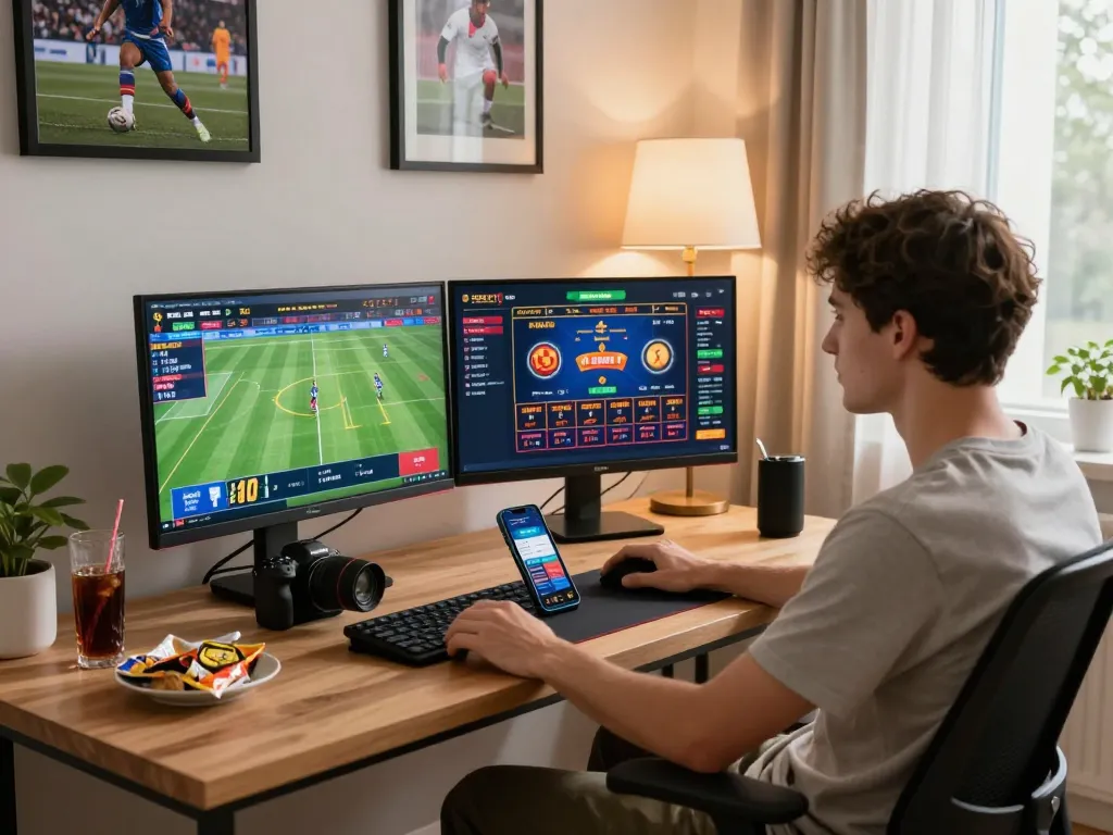 An engaging online gambling scene at vaobong1gom.cn.com with live sports betting displayed on dual monitors and cozy home ambiance.