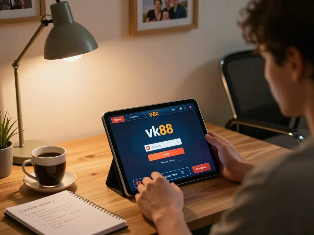 Engaging online gambling experience with Login Vk88 on tablet, showing strategy notes and a warm home setup.