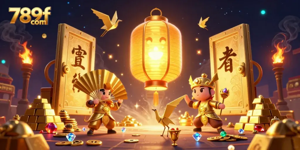 Experience the vibrant world of 789f com with a floating golden lantern spirit and dynamic casino elements.