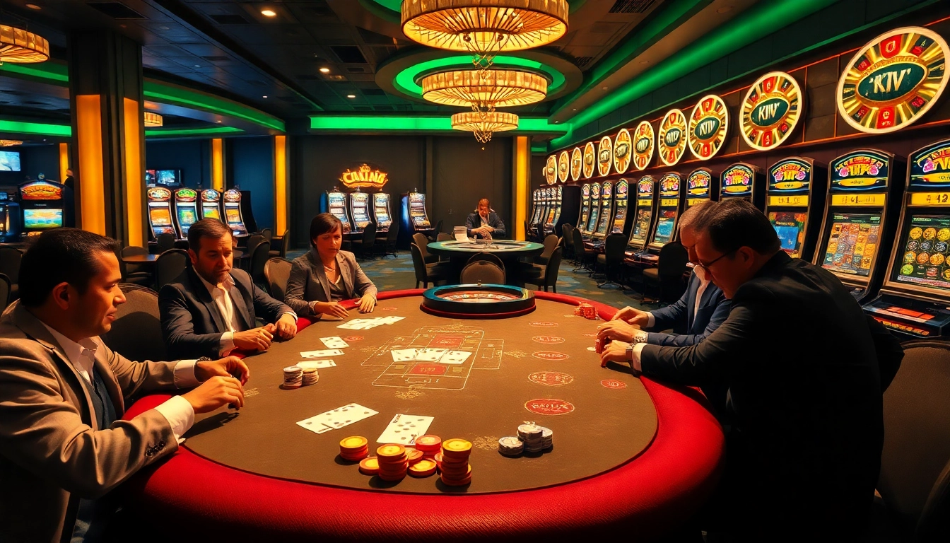 KJC casino scene featuring vibrant poker action, roulette wheel, and stylish slot machines.