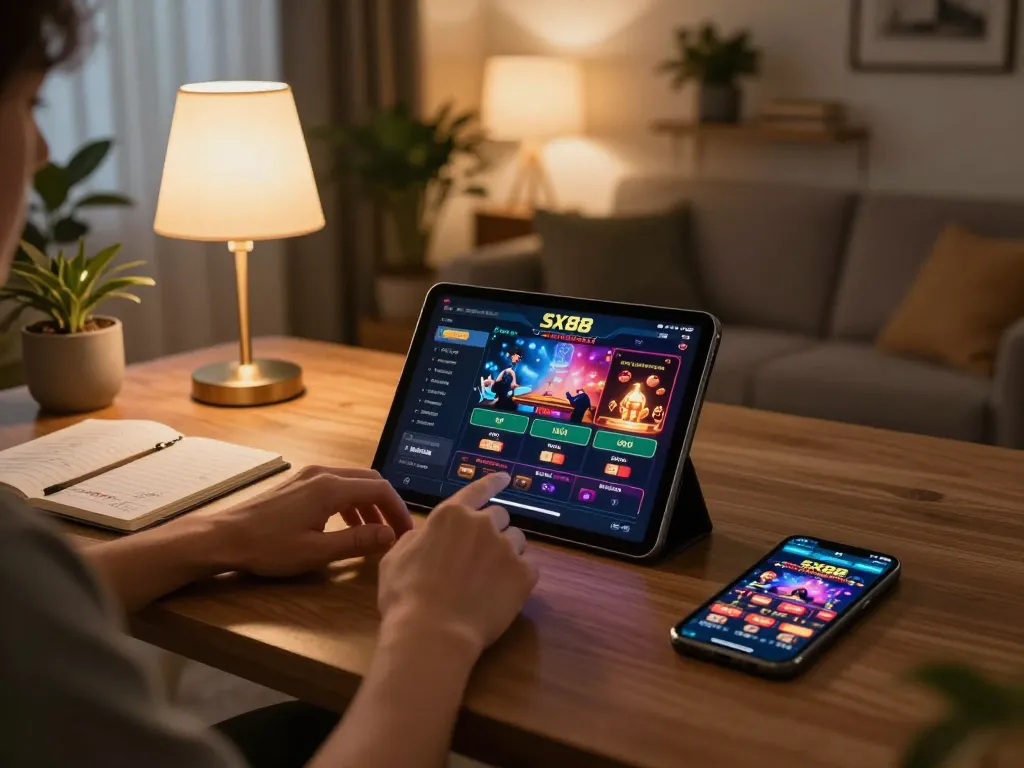 SX88 player strategizing while using a tablet for online gambling in a cozy living room.