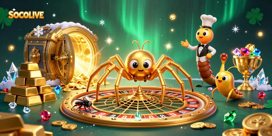 SOCOLIVE: A dynamic 3D scene featuring a golden spider and centipede croupier at a roulette wheel.