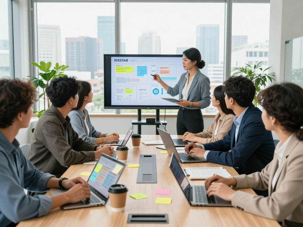 Collaborative team discussing IDXSTAR analytics in a modern office.