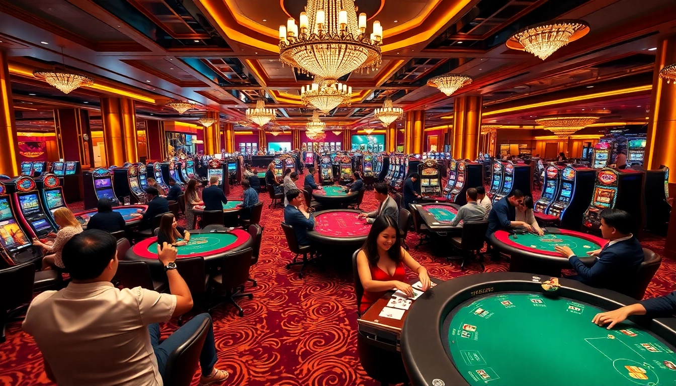 Experience the thrill of TR88 with players enjoying high-stakes casino games, showcasing vibrant casino tables and slot machines.
