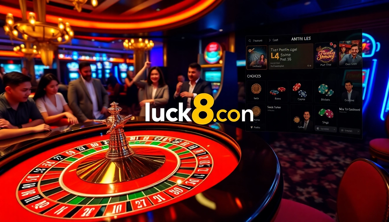 Experience high-stakes gambling at luck8 com through an elegant casino scene with roulette and chips.