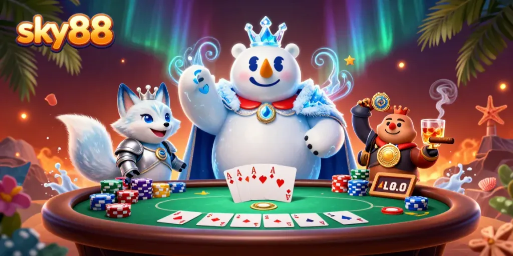 Engage in exciting gameplay at sky88 with a polar bear and fox at the poker table.