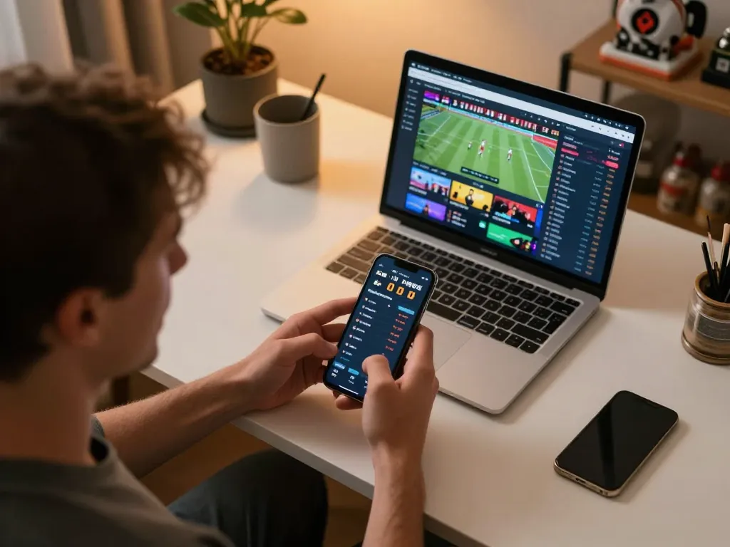 Engaged bettor using 78wim app on smartphone while analyzing live sports odds