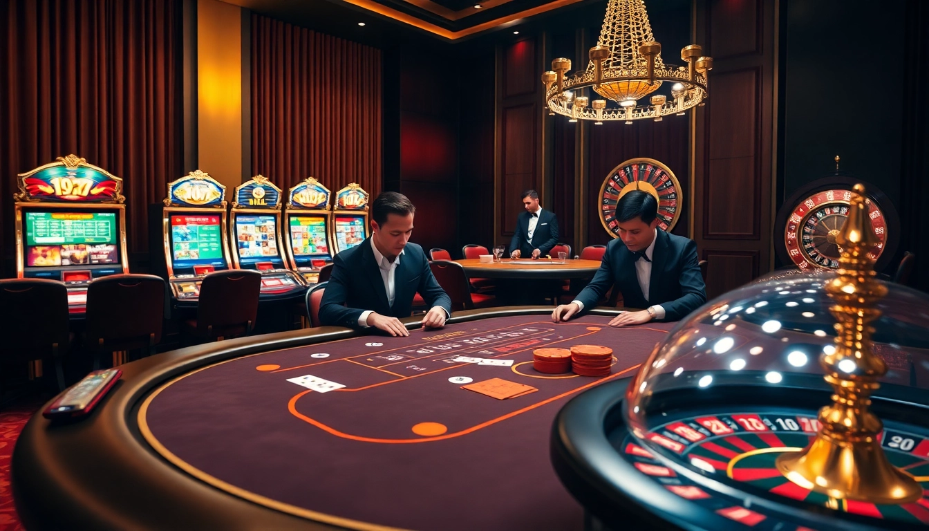 Exclusive gambling experience at nhà cái lu88 with poker games and vibrant slot machines.