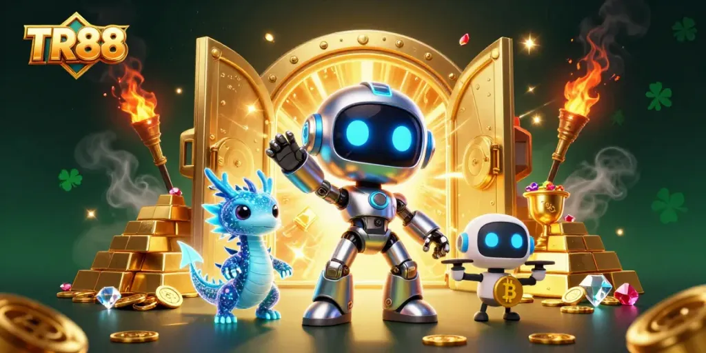 Bet on TR88 with vibrant online casino elements featuring a chrome robot and gold treasures.