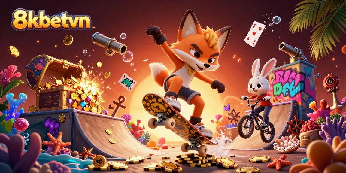 Win big with vibrant gaming action at 8kbetvn, featuring dynamic casino-themed illustrations.