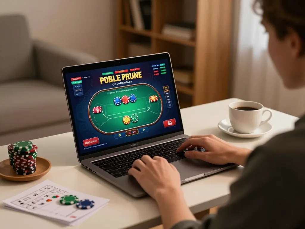 Engaging with online poker gameplay at home, showcasing debet in a cozy setup.
