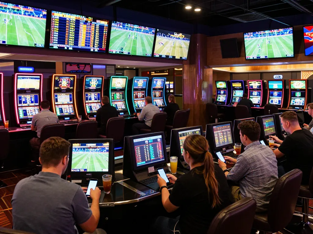 Engaged bettors studying odds and placing wagers at pg88 sports betting area