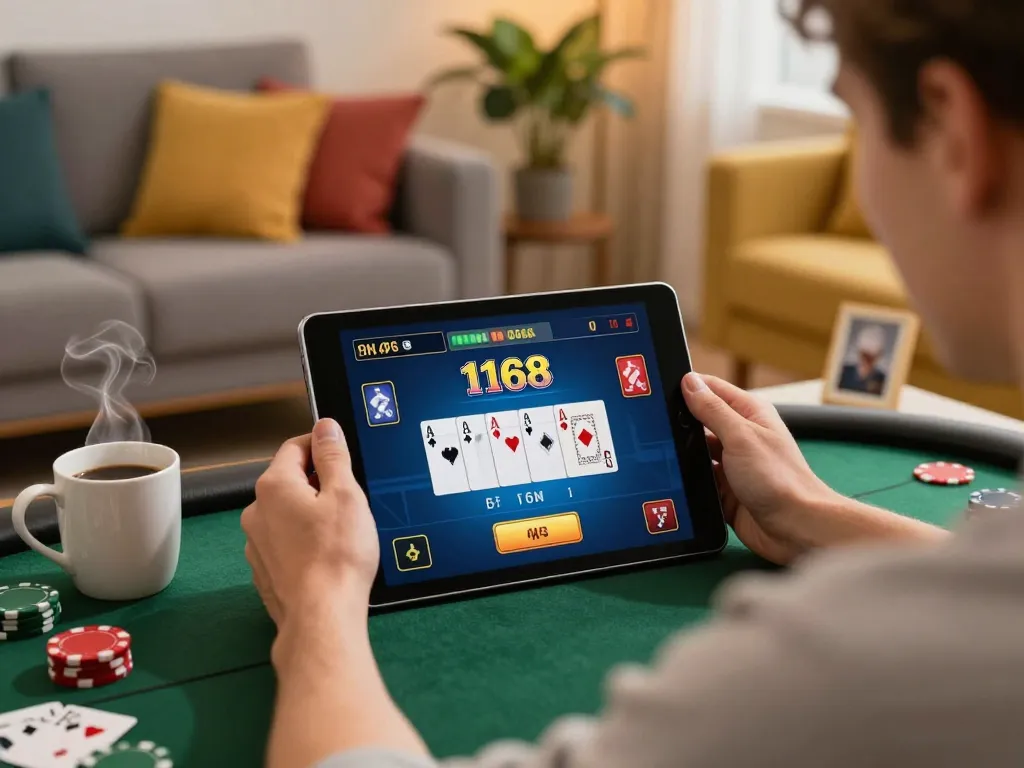 Player enjoying f168 poker on tablet in a cozy home setting with warm lighting and engaging gameplay.