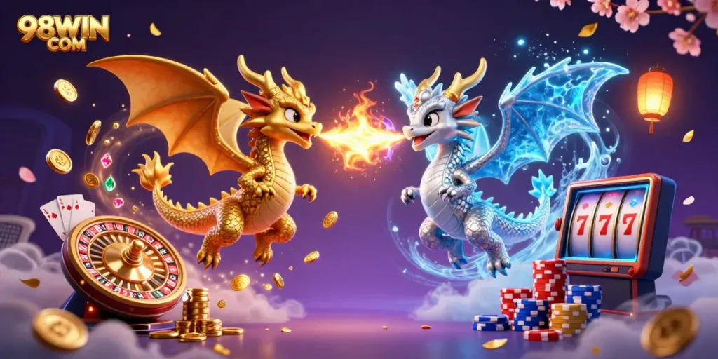 Experience the excitement of 98WIN COM with dynamic 3D dragons, golden coins, and casino elements.