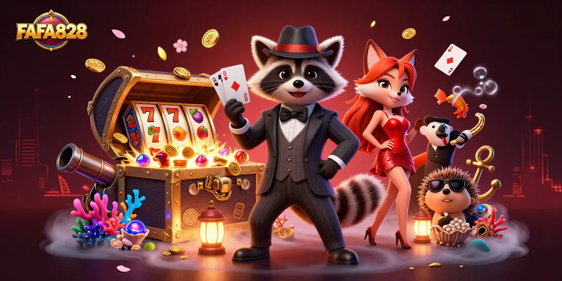 Win big with FAFA828 as a charming raccoon, fox, and hedgehog celebrate at a vibrant slot game!