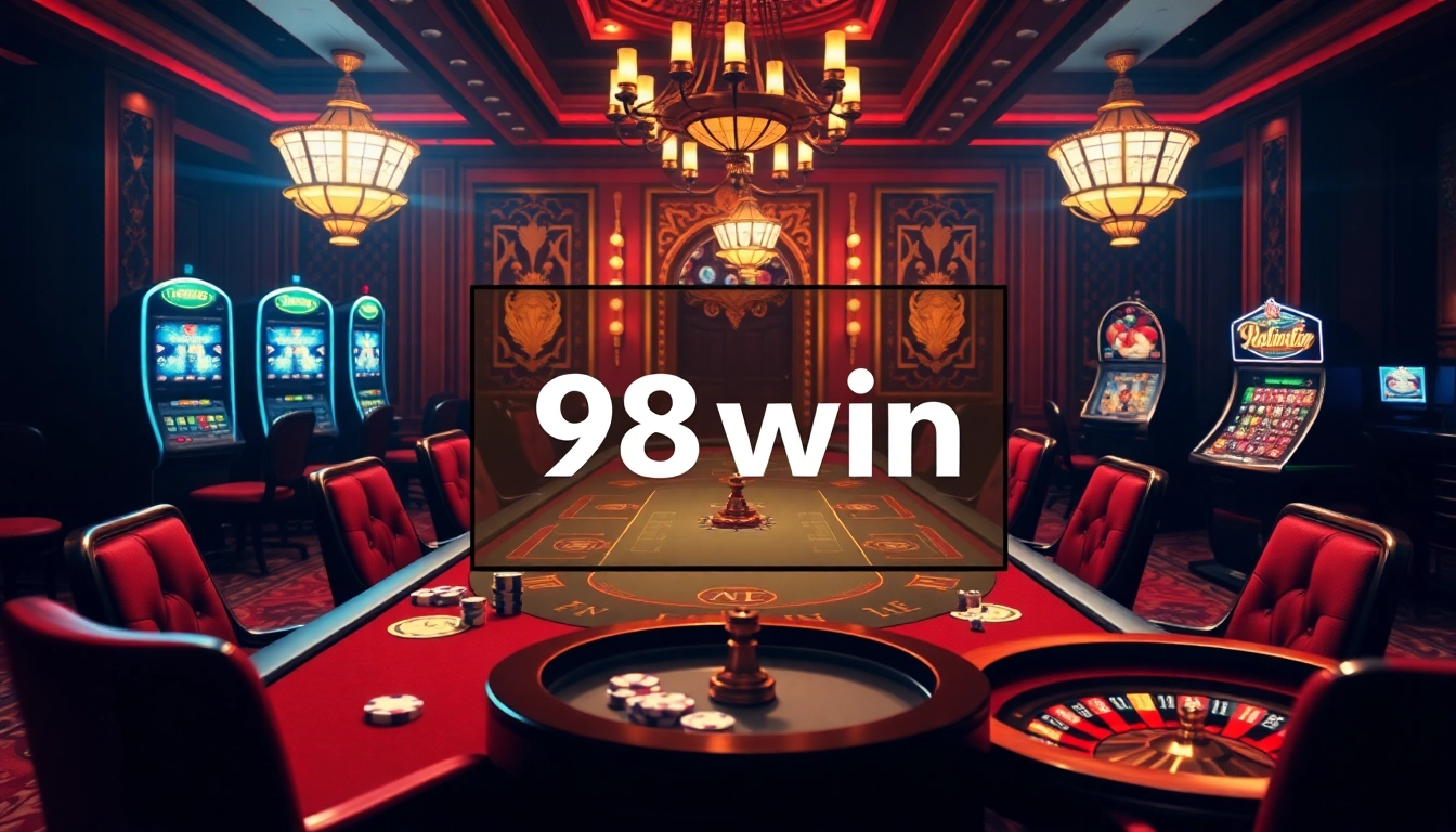 Engage in thrilling gaming with 98win đăng nhập at a luxurious casino setting featuring poker and roulette.