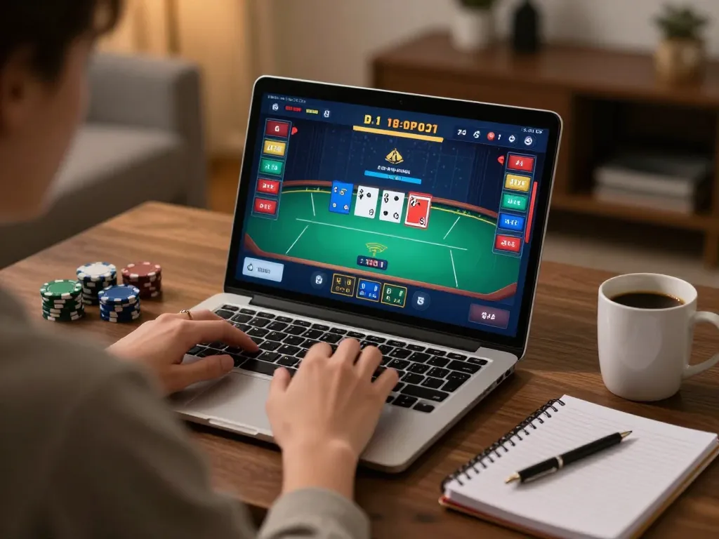 Player engaging with sc88 com poker game online, analyzing strategy notes for effective gameplay