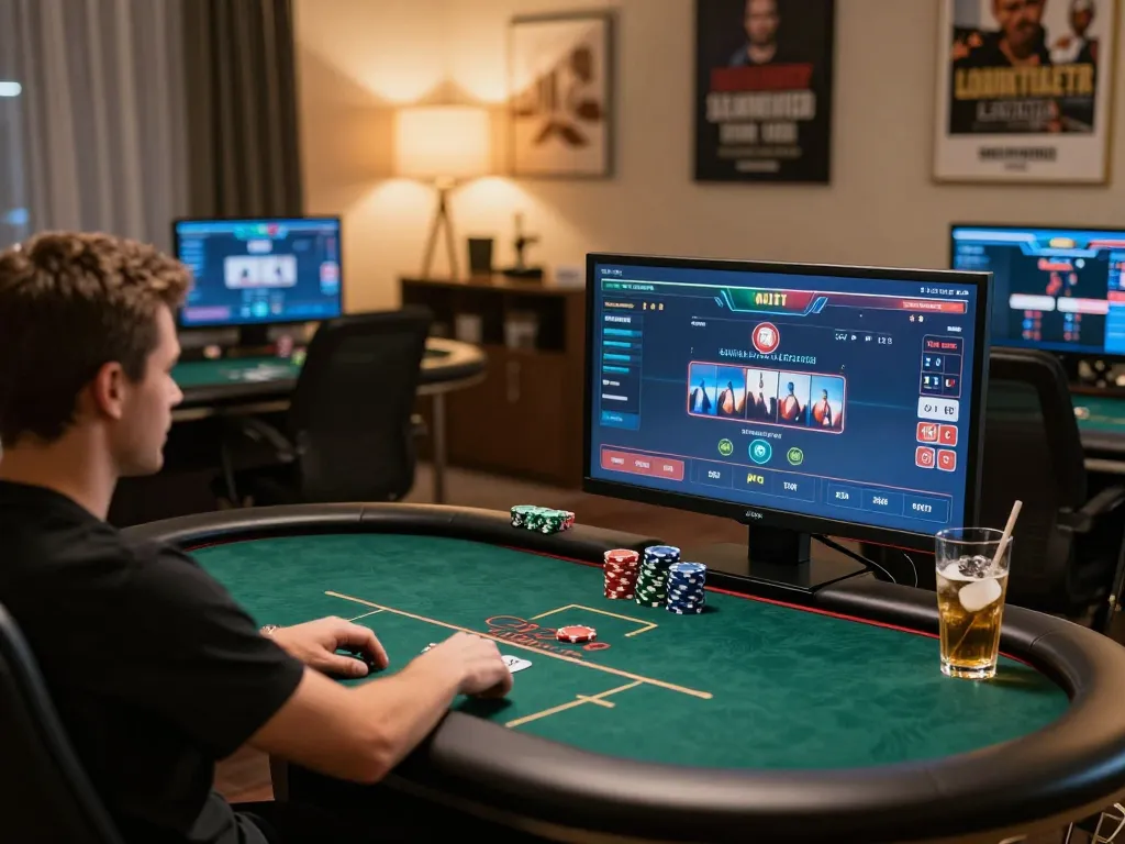 Players engaging with XX88's online poker interface in a cozy gaming setup.