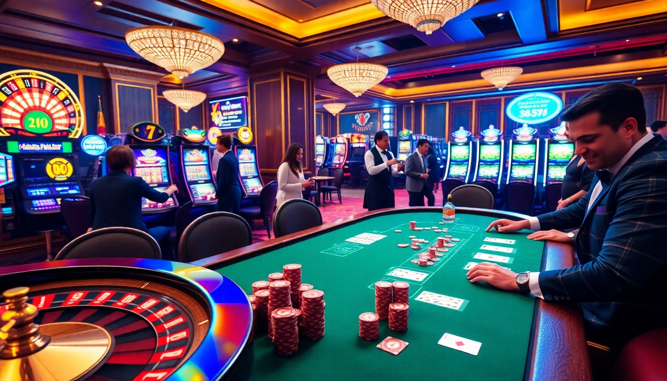 Excited players at a lavish 98win casino, celebrating wins at poker and roulette tables.