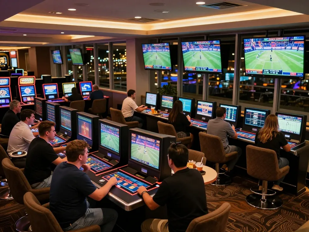 Engaged bettors placing bets at nhandinhkeonhacai sports betting lounge with vibrant atmosphere.