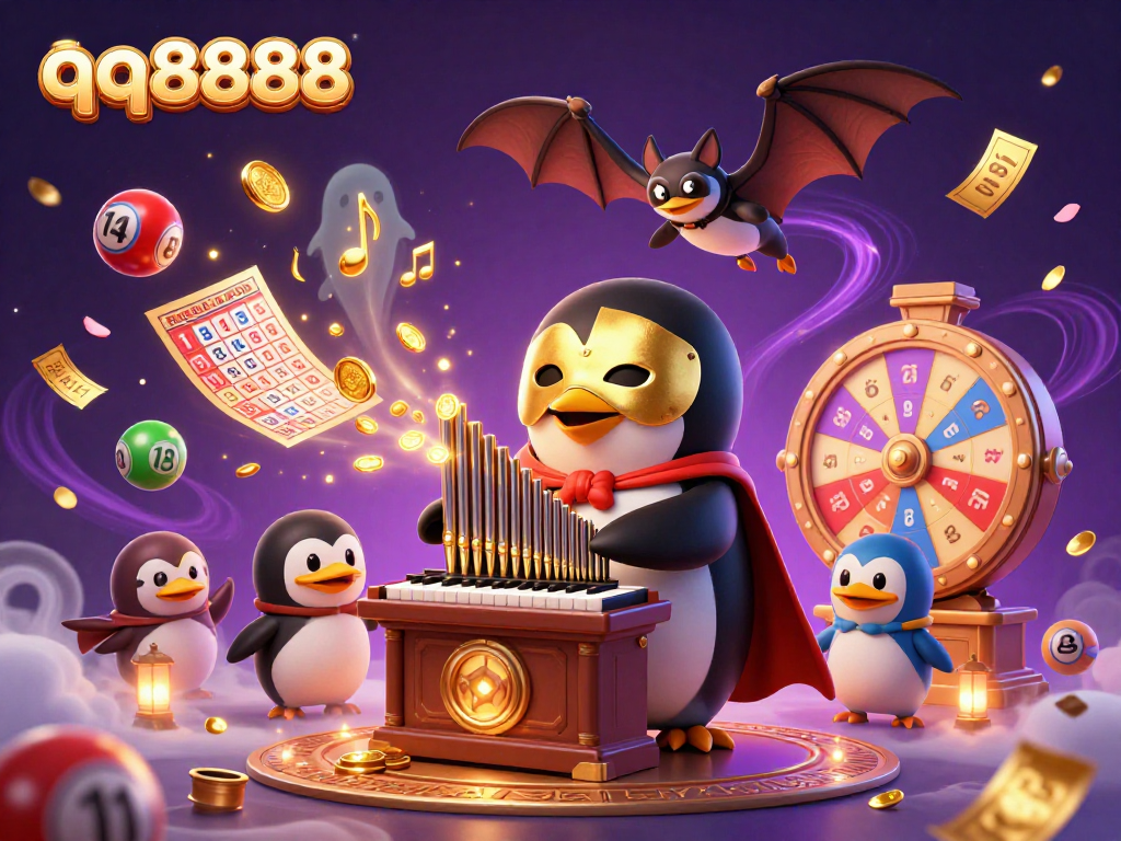 qq8888 game illustration showcasing a penguin playing an organ overflowing with coins, surrounded by vibrant lottery elements.