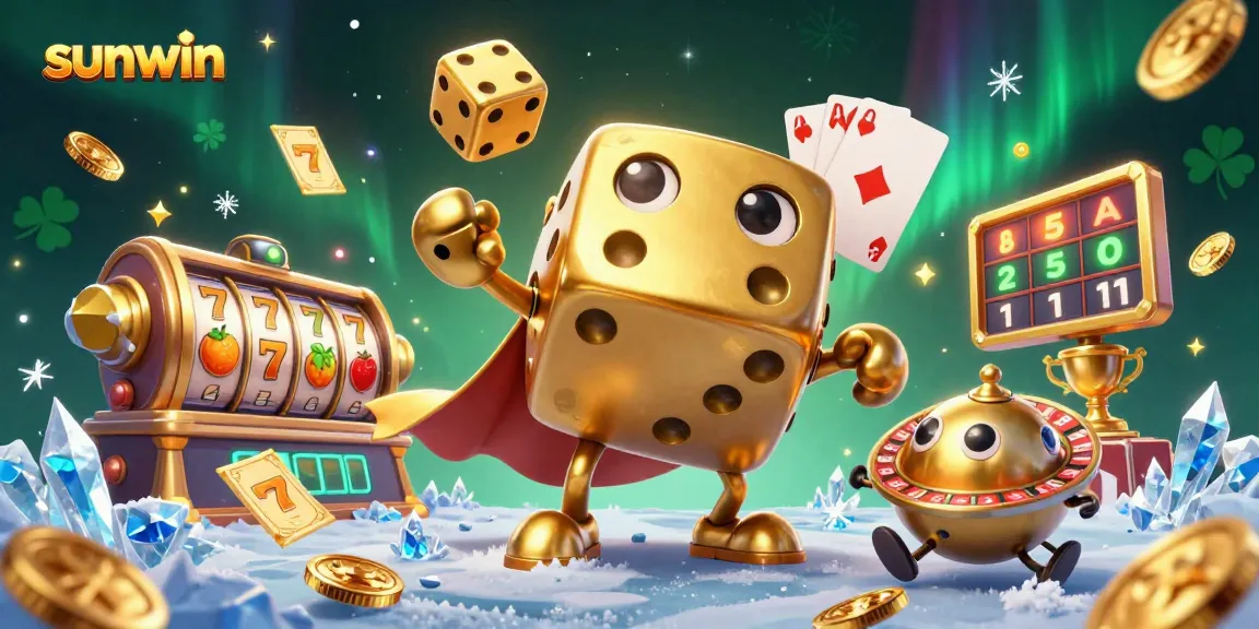 Play exciting slot games at Sunwin, featuring a dynamic golden dice golem and vibrant casino elements.