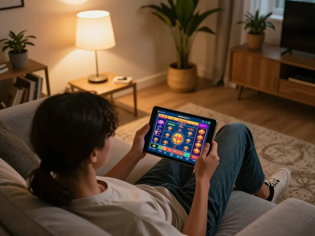 Person engaging in online gambling on a tablet at home, showcasing nhacaiuytinn in an inviting atmosphere.