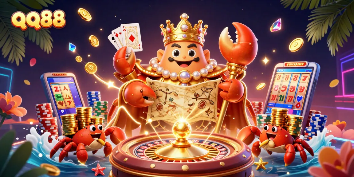 Experience gaming thrills at qq88 with a lavish golden crab emperor amidst vibrant casino elements.
