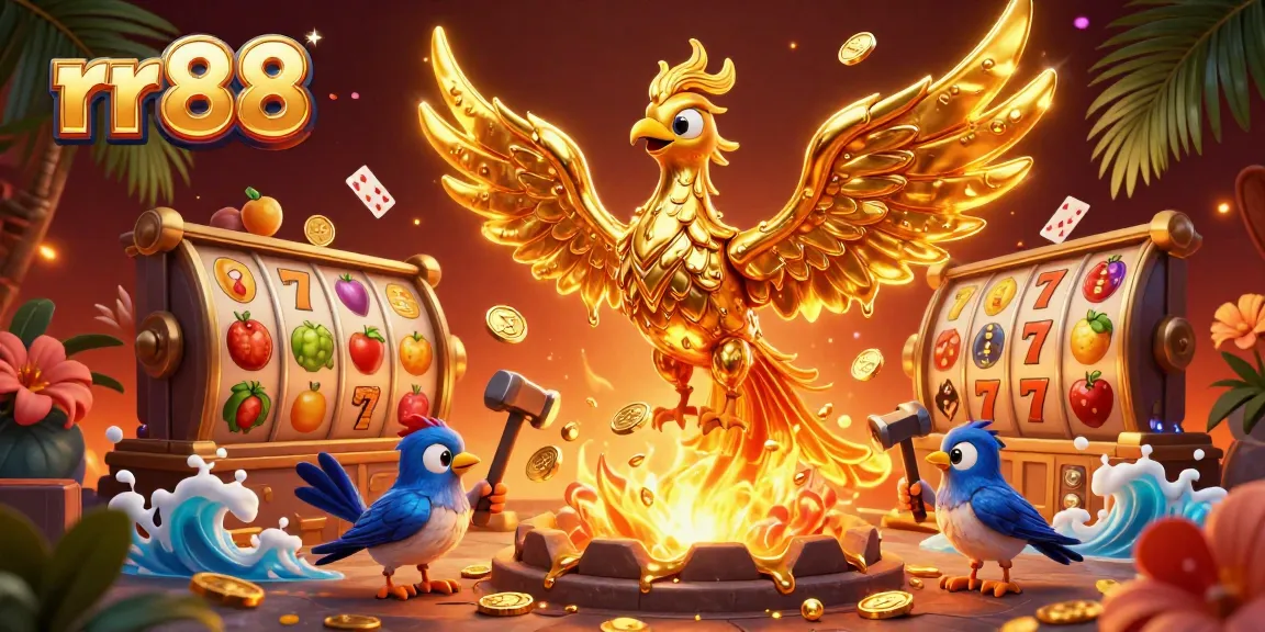 Experience thrilling wins with rr88's golden phoenix amidst a vibrant casino scene