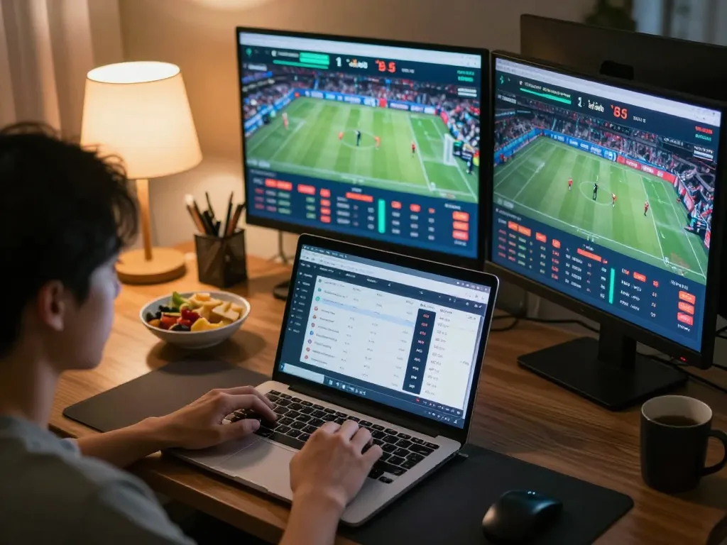 Engaging in online sports betting with keonhacai5 on multiple screens at home.