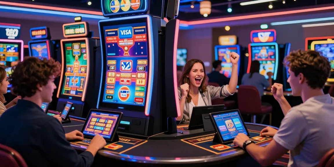 Exciting online credit card casino scene on https://jumpspace.org.uk depicting players engaged in gaming with vibrant slot graphics.